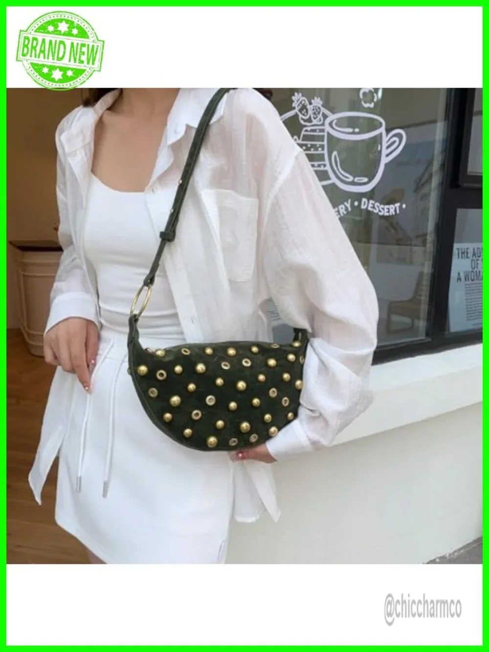 Studded Faux Suede Hobo Crescent Crossbody Bag Shoulder Purse